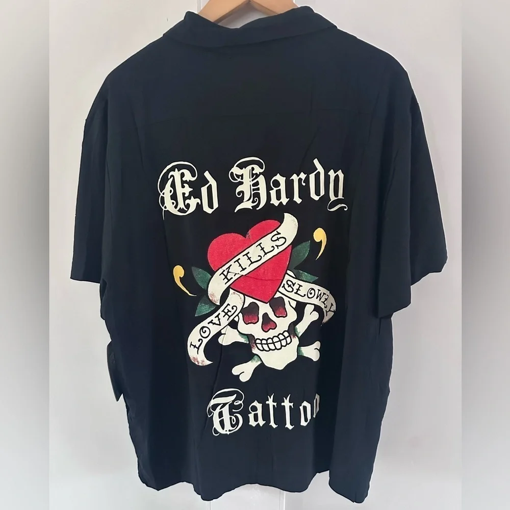 Ed Hardy Love Kills Slowly Woven Black Short Sleeve Button Up Camp Shirt XL - Picture 9 of 15